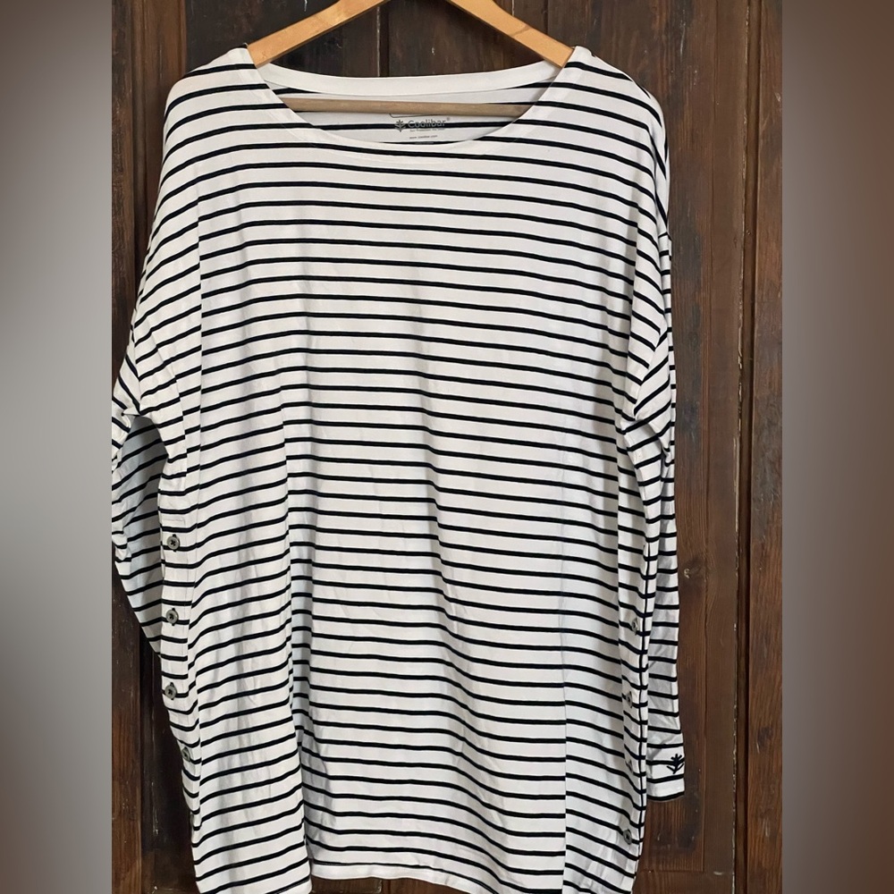 Coolibar Tunic Top White Navy Blue Stripe Long Sleeve UPF Side Buttons Size 2X